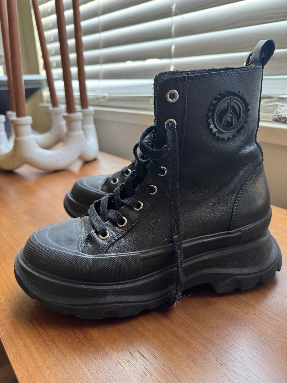 Browns The Wishbone Collection Black Leather Chunky Platform Combat Boots